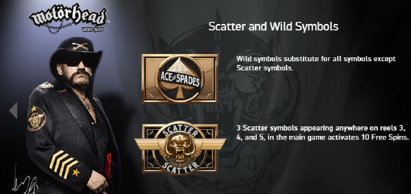 Motorhead slot game scatter and wild symbols